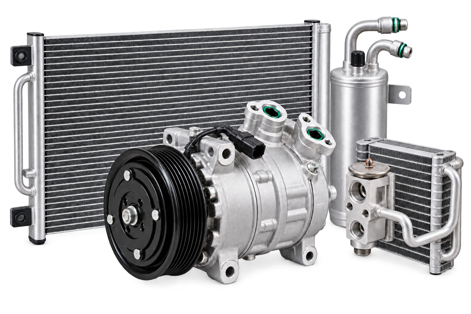 A/C condenser, compressor, receiver-drier and evaporator components shown as isolated cutouts