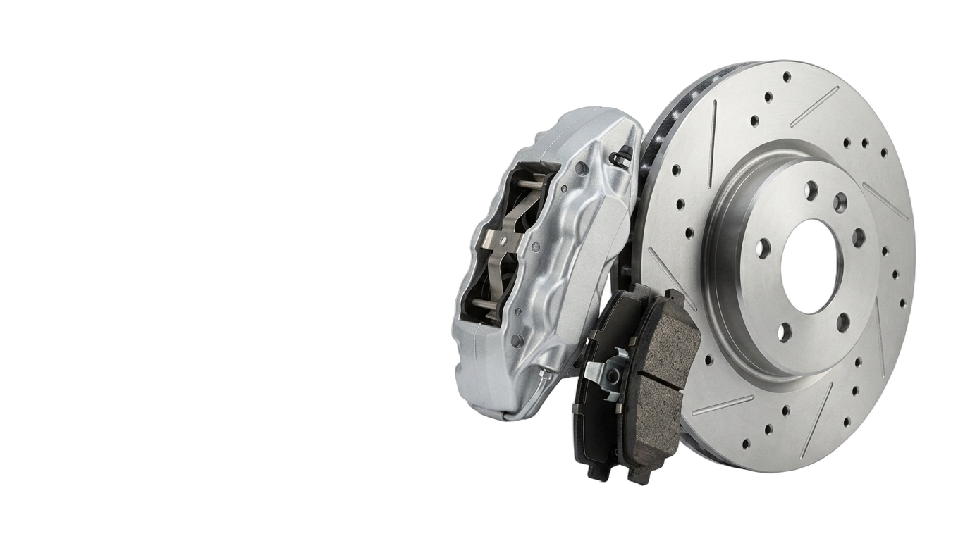 A clean brake rotor, caliper and brake pads shown as an isolated assembly