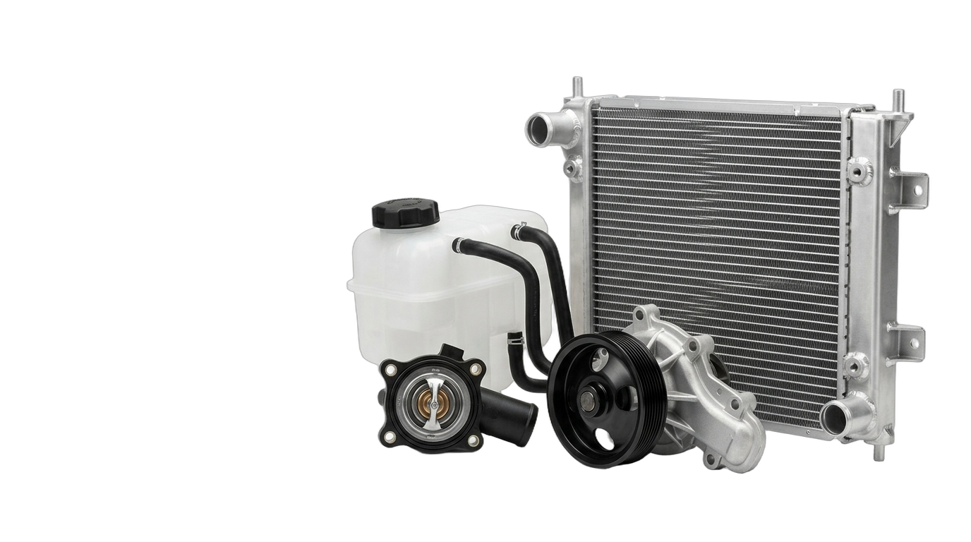 A radiator, expansion tank, thermostat and water pump shown as a clean isolated cooling-system group