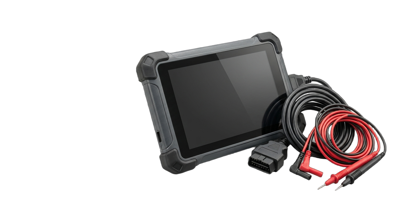 An unbranded scan tablet, OBD connector and test leads shown as a clean isolated diagnostic toolkit