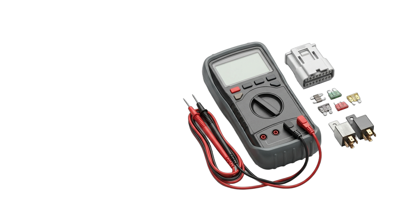 A multimeter, test leads, connector, fuses and relays shown as a clean isolated electrical-testing group