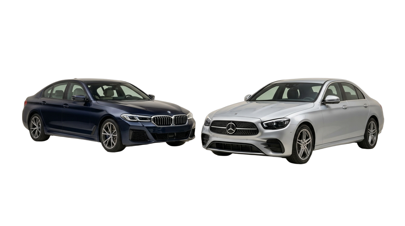 A BMW sedan and Mercedes-Benz sedan shown together as a clean isolated pair