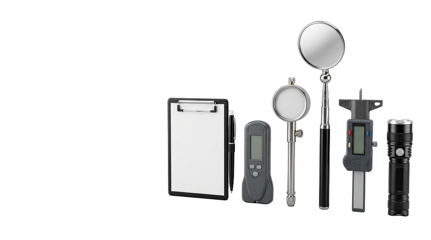Una linterna, espejos, medidores y lista en blanco mostrados como un kit de inspección limpio y aislado