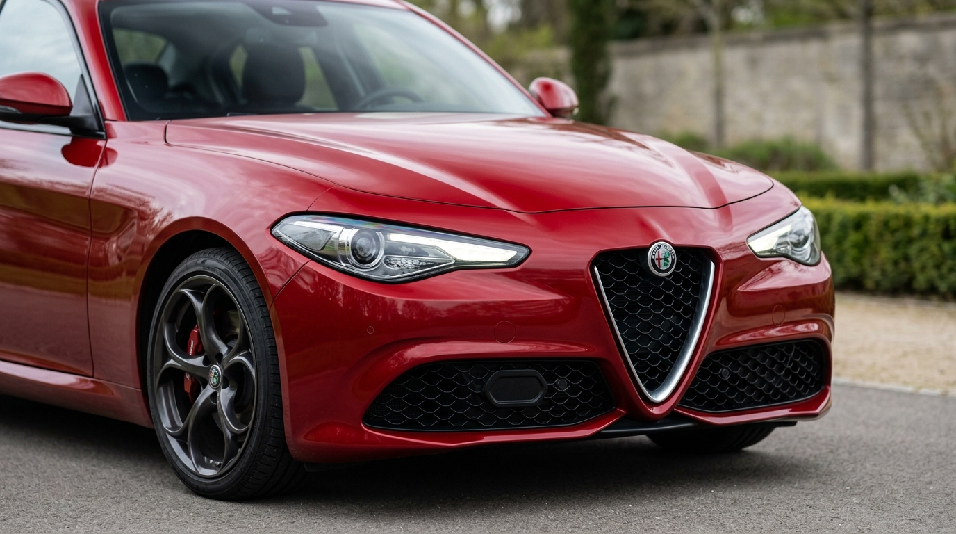 Front three-quarter view of a red Alfa Romeo prepared as a European make-card image