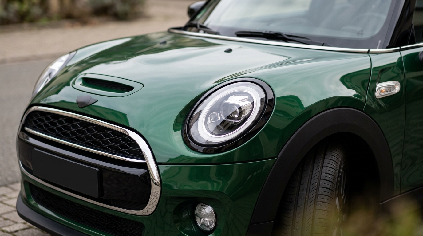 Front three-quarter view of a green MINI prepared as a European make-card image