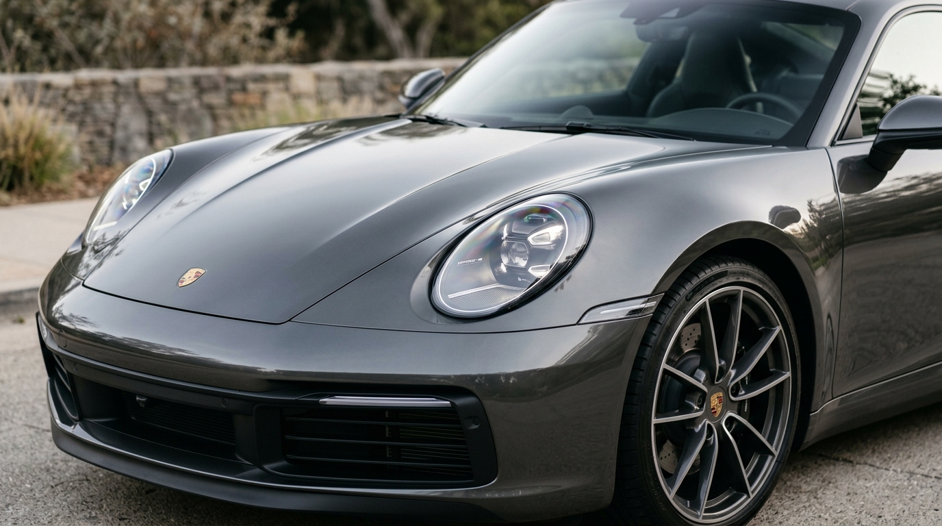 Front three-quarter view of a dark Porsche prepared as a European make-card image