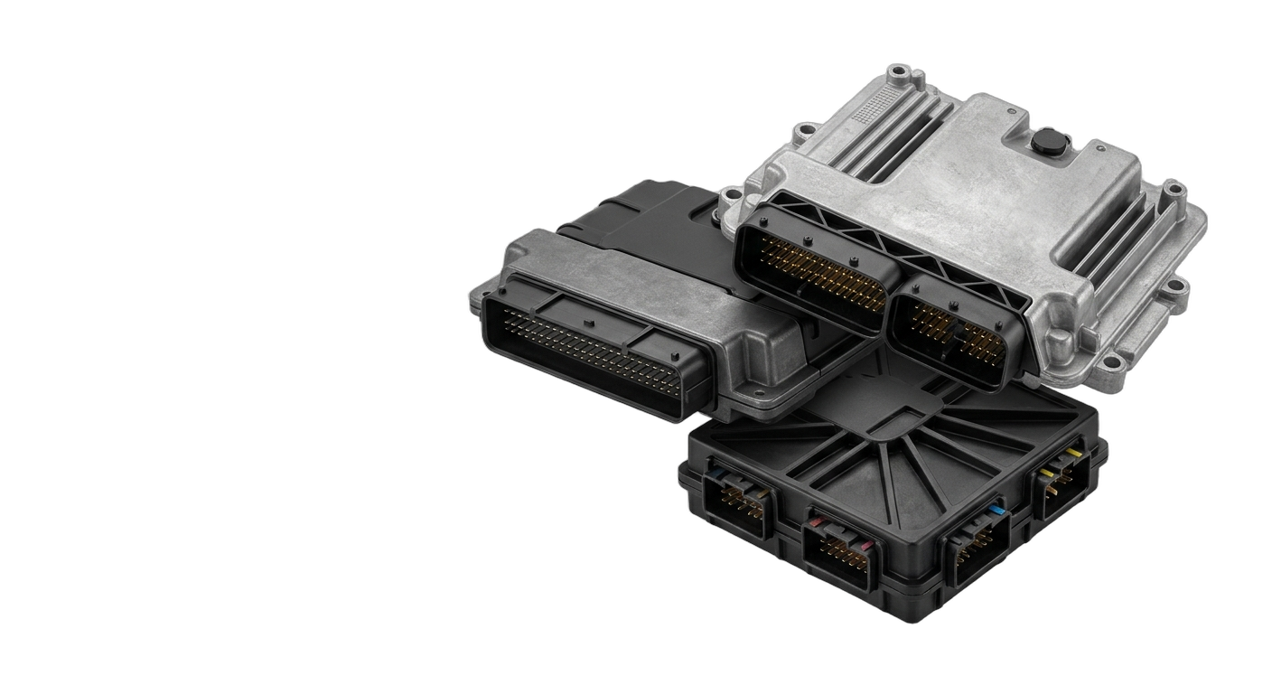 Three automotive electronic control modules shown as an isolated cutout