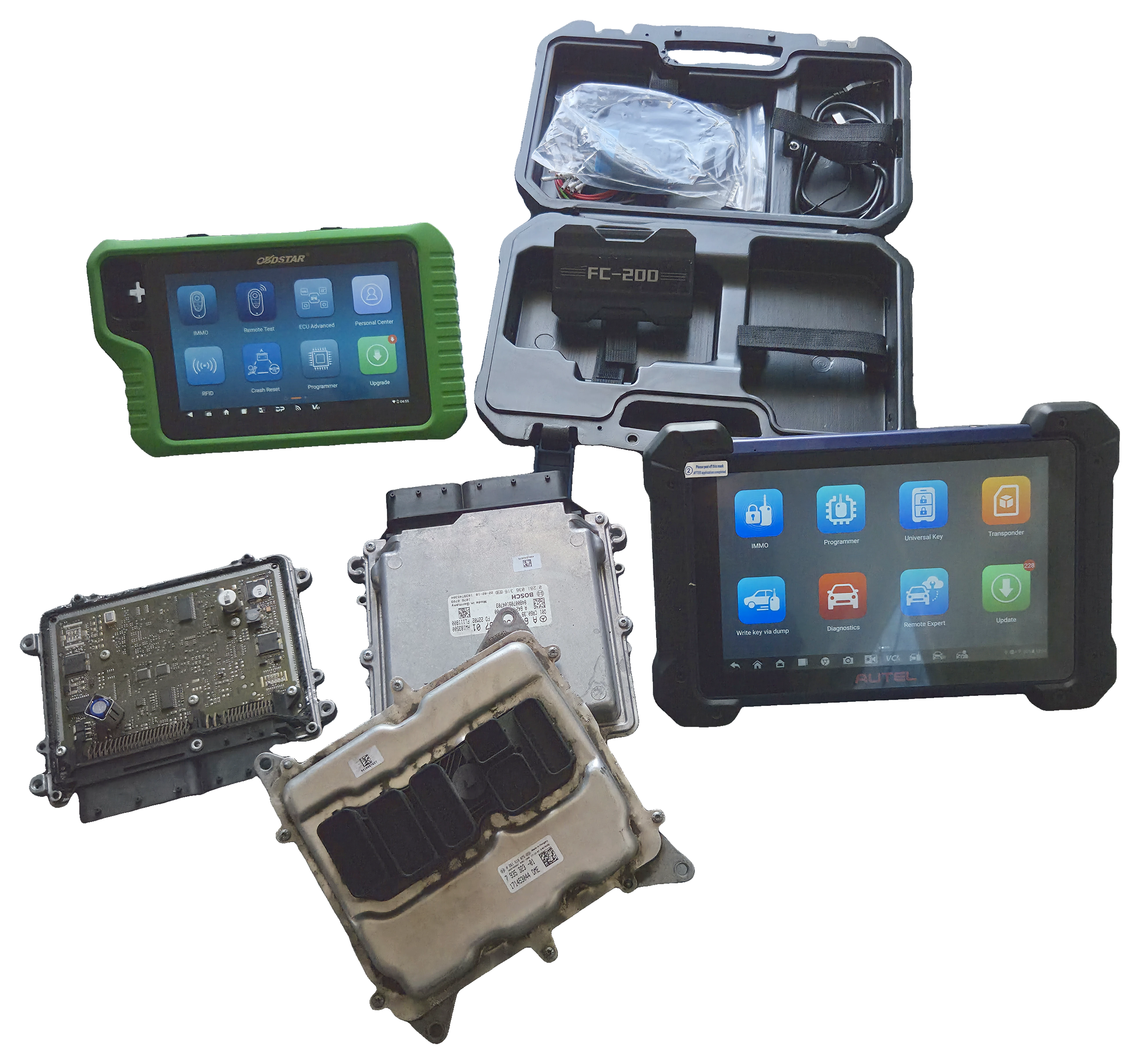 Diagnostic programmers and automotive control modules arranged together; original photographed labels and screen details are retained