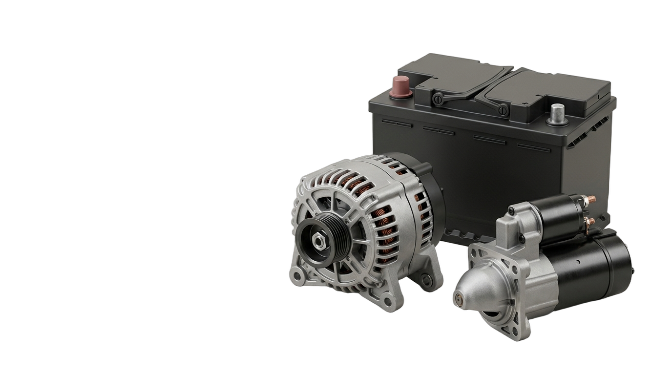 Automotive battery, alternator and starter motor shown as isolated cutouts