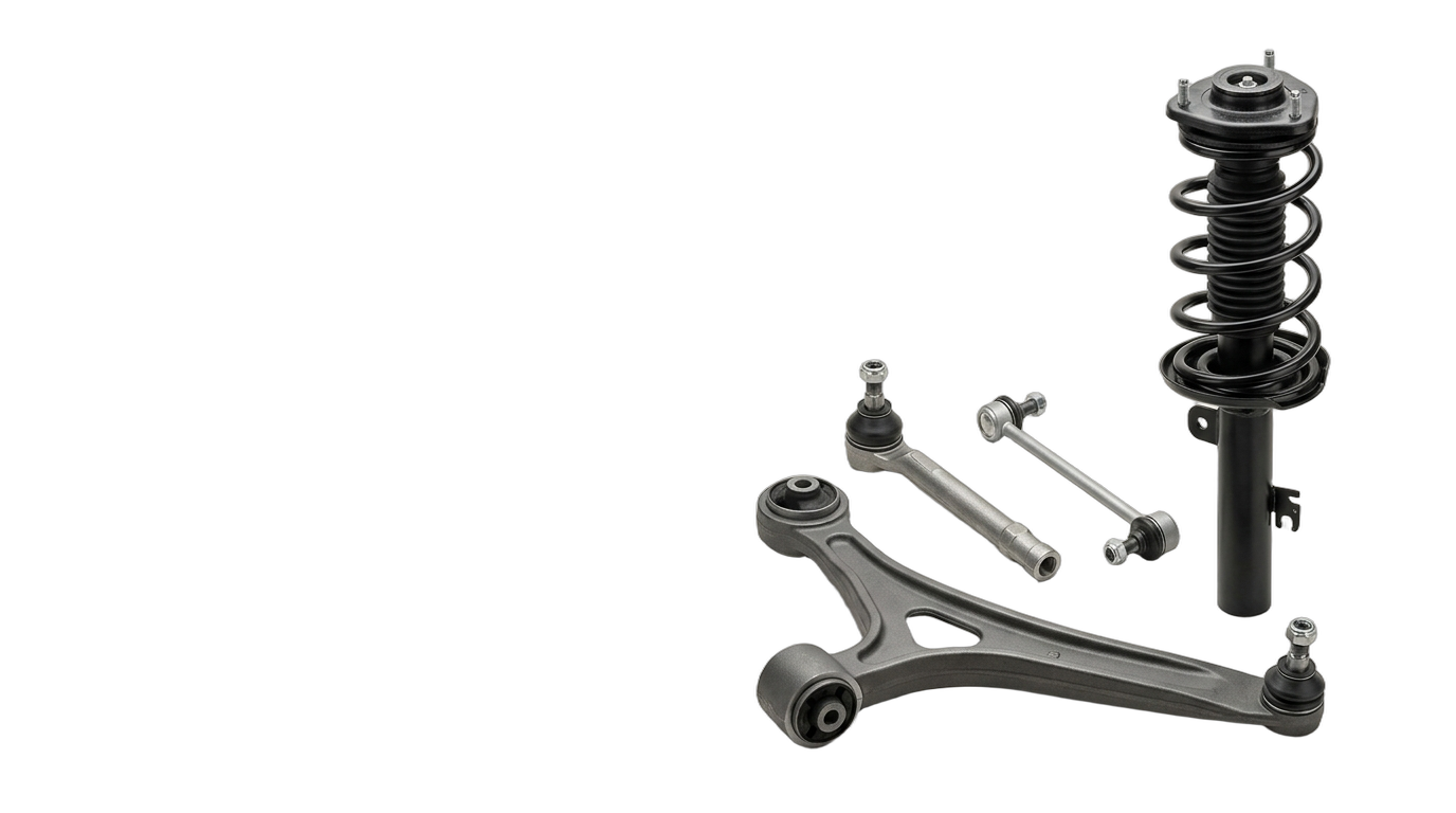 Automotive strut, control arm, tie-rod end and stabilizer link shown as isolated cutouts