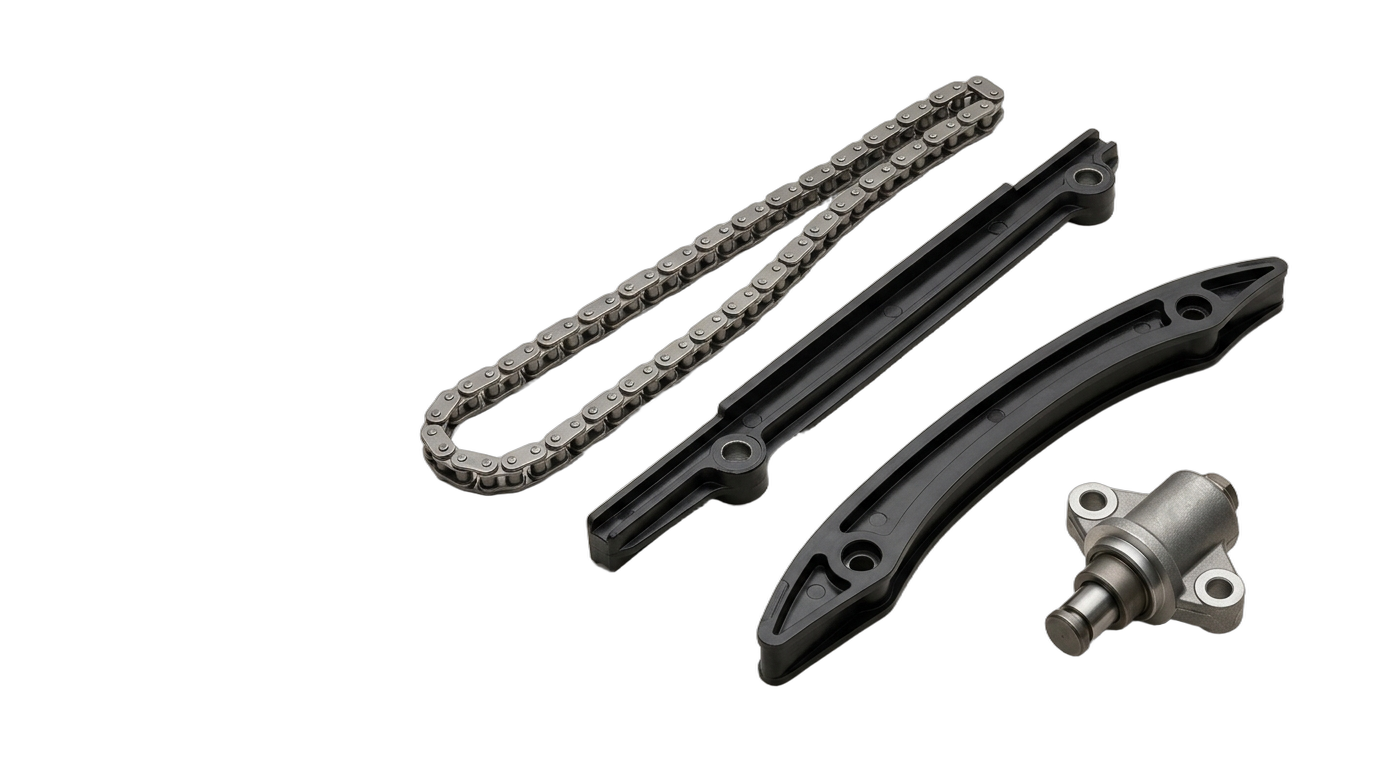 Timing chain, two guides and a tensioner shown as isolated cutouts